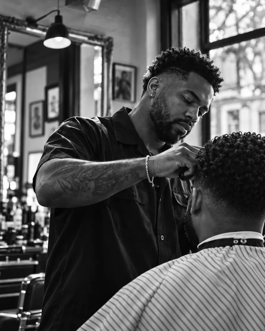 Example shop photography: a barber finishing a client's haircut.