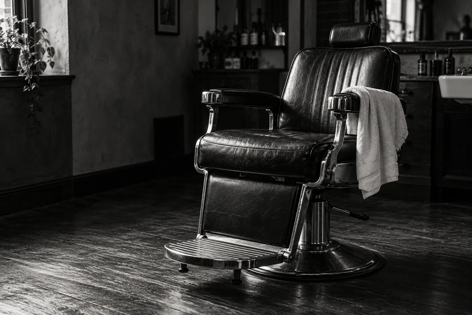 An empty black leather barber chair with a white towel, lit by a window.