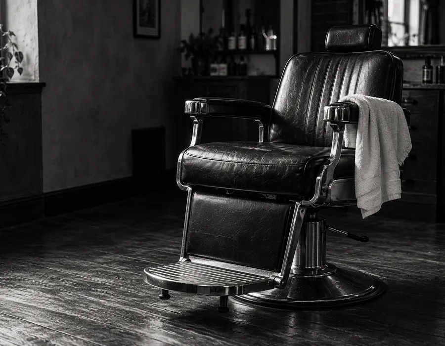 An empty black barber chair with a towel draped over its arm.